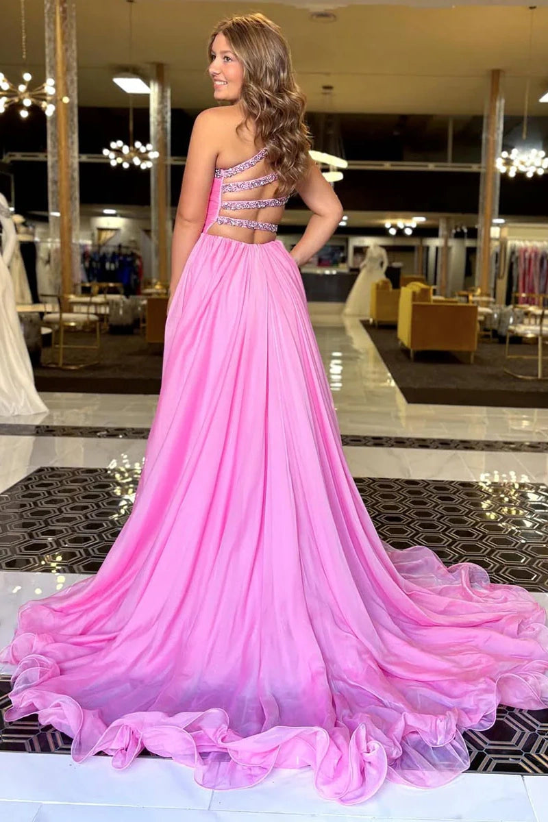One Shoulder Sleeveless Beaded Chiffon A-Line Long Party Prom Dress