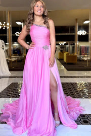 One Shoulder Sleeveless Beaded Chiffon A-Line Long Party Prom Dress