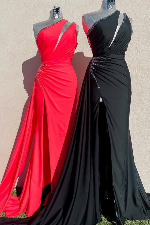 One Shoulder Sleeveless Beaded Mermaid Party Prom Dress