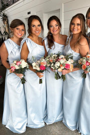 One Shoulder Sleeveless Blue Satin A-Line Bridesmaid Dress With Bow