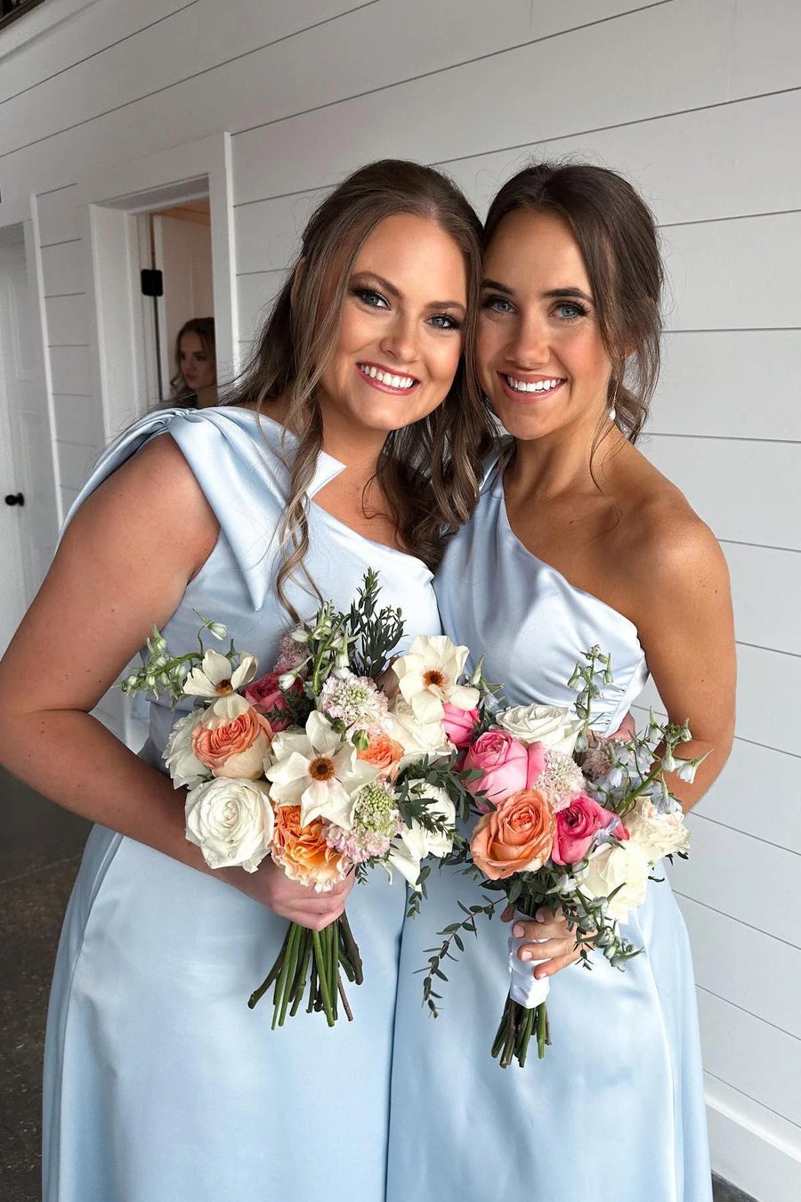 One Shoulder Sleeveless Blue Satin A-Line Bridesmaid Dress With Bow