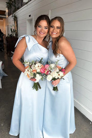 One Shoulder Sleeveless Blue Satin A-Line Bridesmaid Dress With Bow