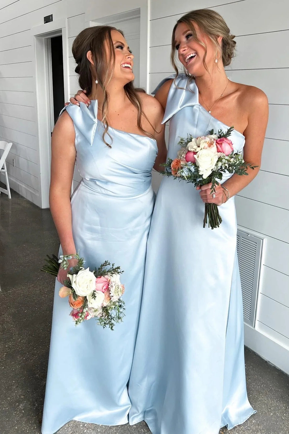 One Shoulder Sleeveless Blue Satin A-Line Bridesmaid Dress With Bow