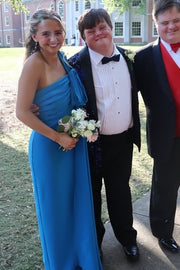 One Shoulder Sleeveless Blue Sheath Maxi Party Prom Dress 