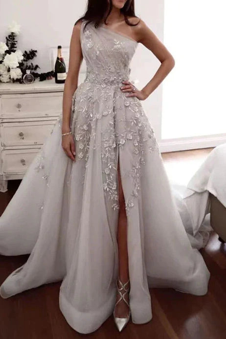 One Shoulder Sleeveless Empire Appliques Tulle Wedding Dress