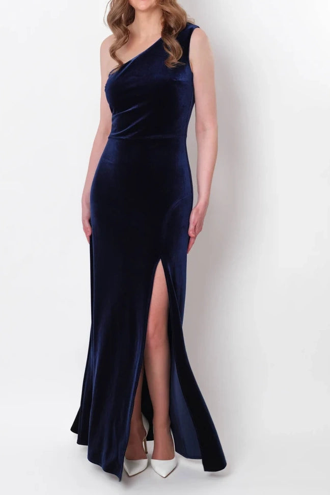 One Shoulder Sleeveless Empire Velvet Long Dress