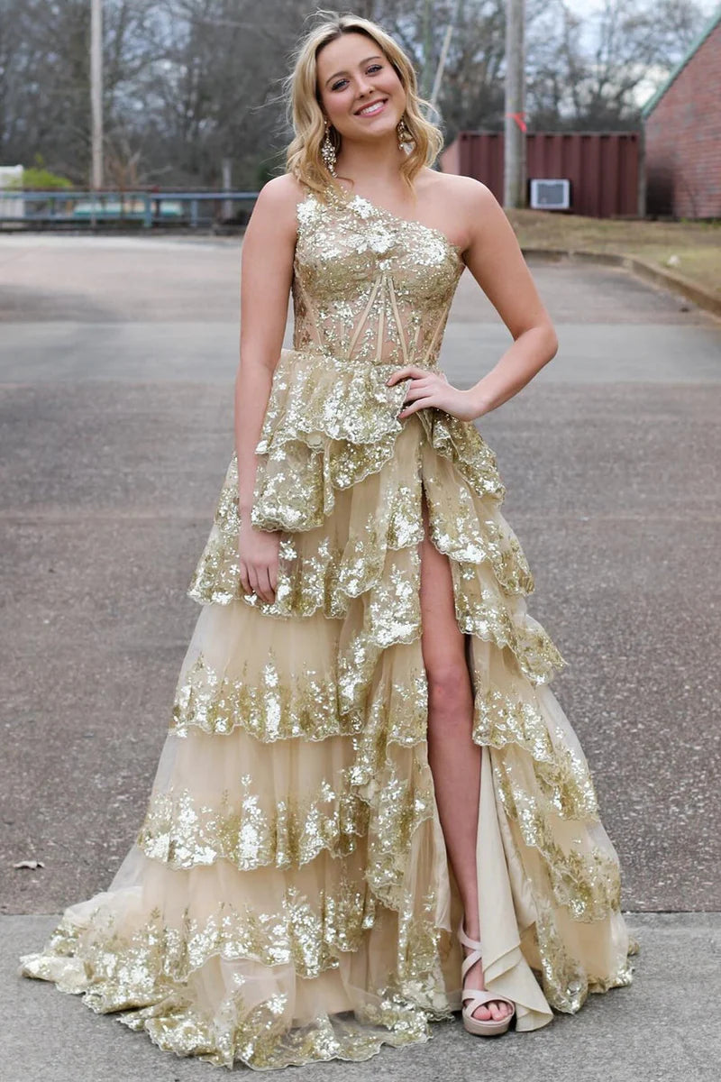 One Shoulder Sleeveless Empire With Train Lace Prom Dress