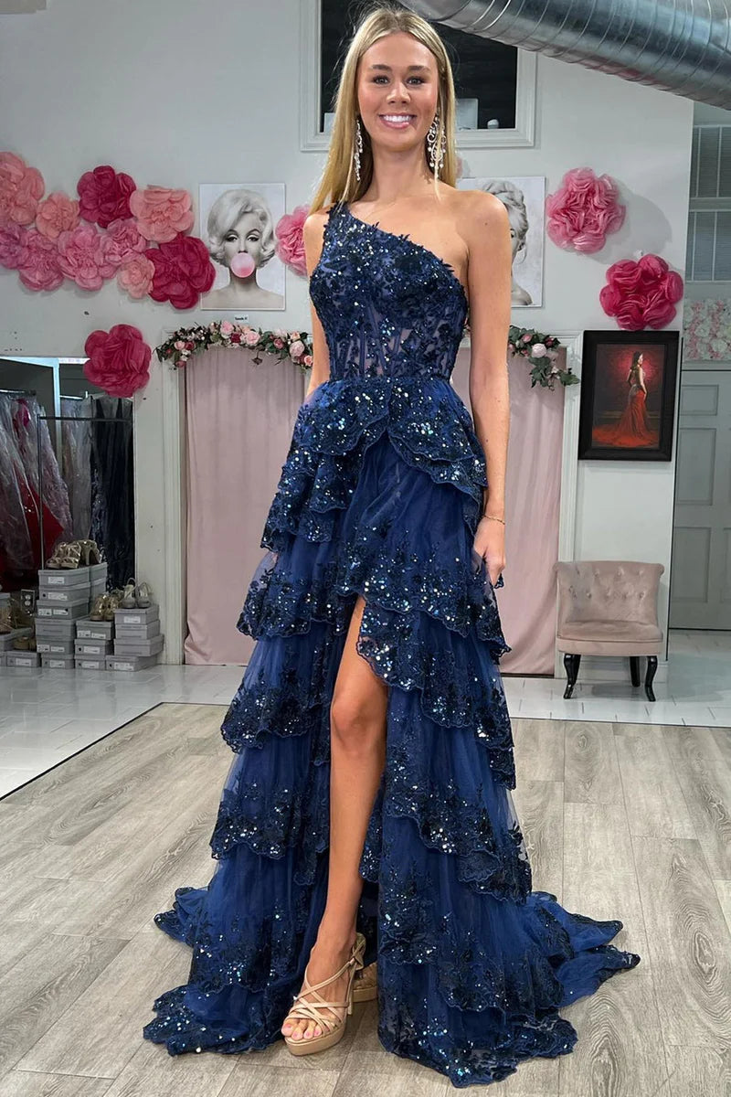 One Shoulder Sleeveless Empire With Train Lace Prom Dress