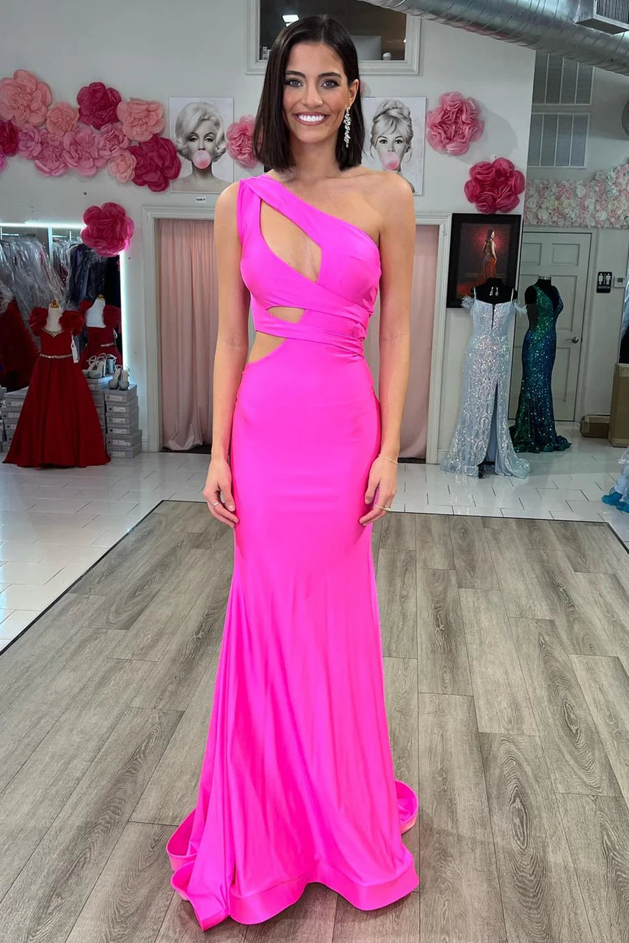 One Shoulder Sleeveless Illusion Empire Trumpet Satin Prom Dress