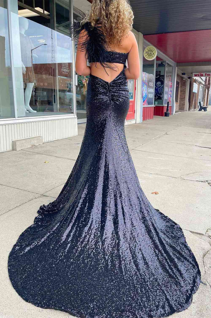 One Shoulder Sleeveless Illusion Trumpet With Train Prom Dress