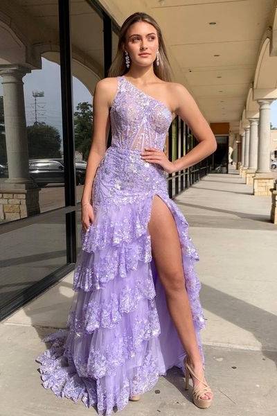 One Shoulder Sleeveless Lace Appliques Tiered Long Prom Dress