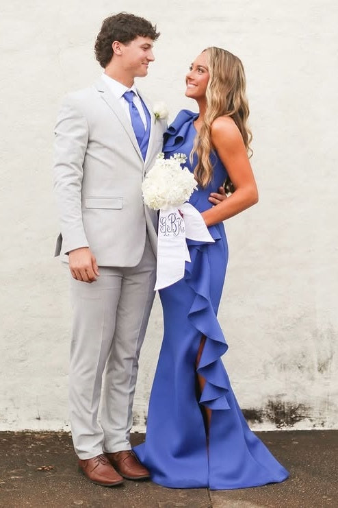 One Shoulder Sleeveless Mermaid Ruffle Split Party Prom Dress