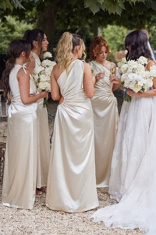 One Shoulder Sleeveless Ruched Empire Long Bridesmaid Dress