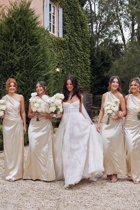 One Shoulder Sleeveless Ruched Empire Long Bridesmaid Dress