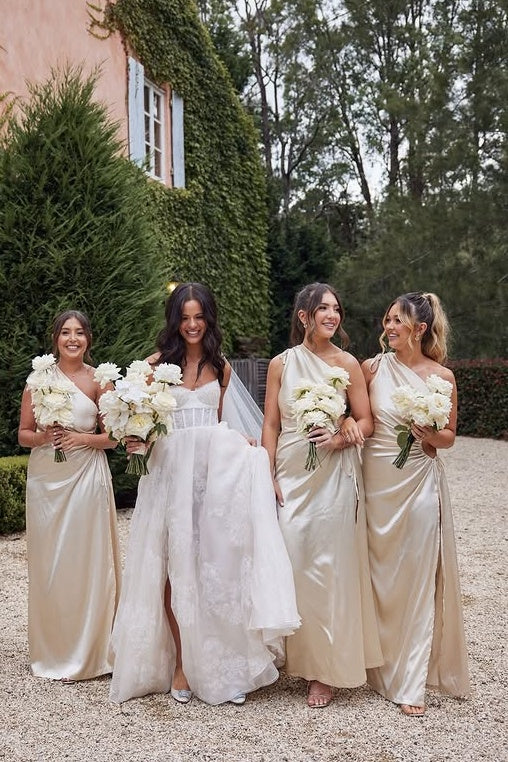 One Shoulder Sleeveless Ruched Empire Long Bridesmaid Dress