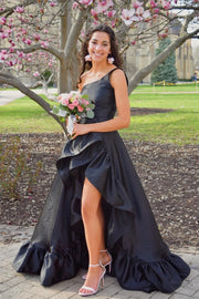 One Shoulder Sleeveless Satin A-Line Leg Slit Ruffle Party Prom Dress