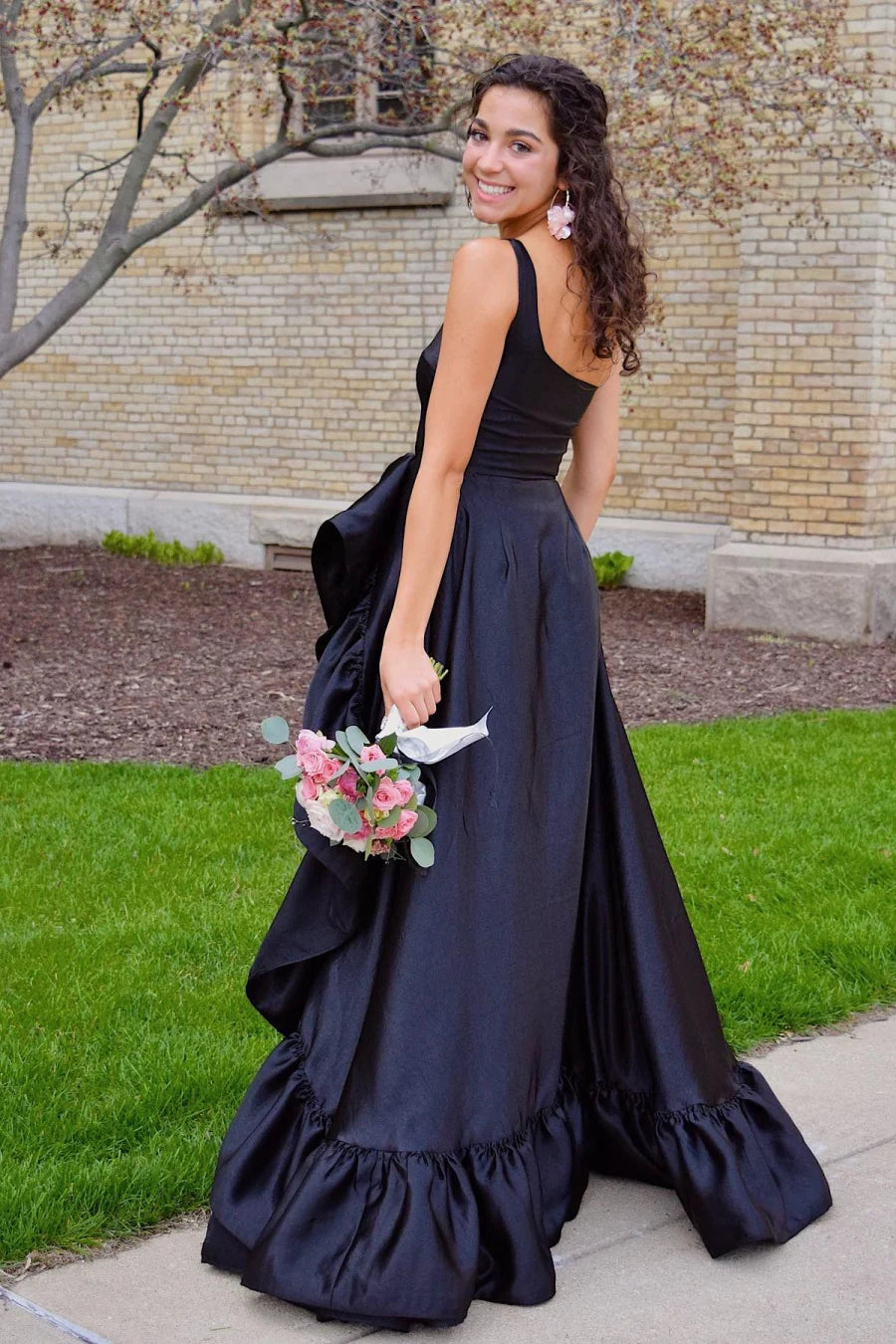One Shoulder Sleeveless Satin A-Line Leg Slit Ruffle Party Prom Dress