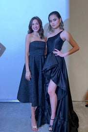 One Shoulder Sleeveless Satin A-Line Leg Slit Ruffle Party Prom Dress