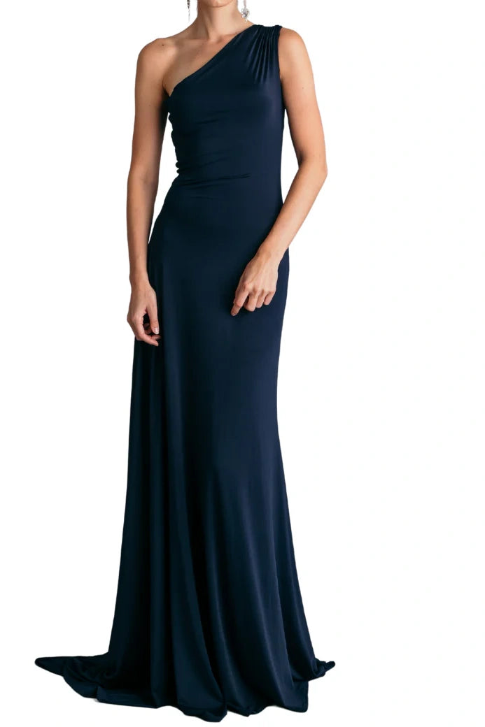 One Shoulder Sleeveless Satin Fitted Long Bridesmaid Dress With Train