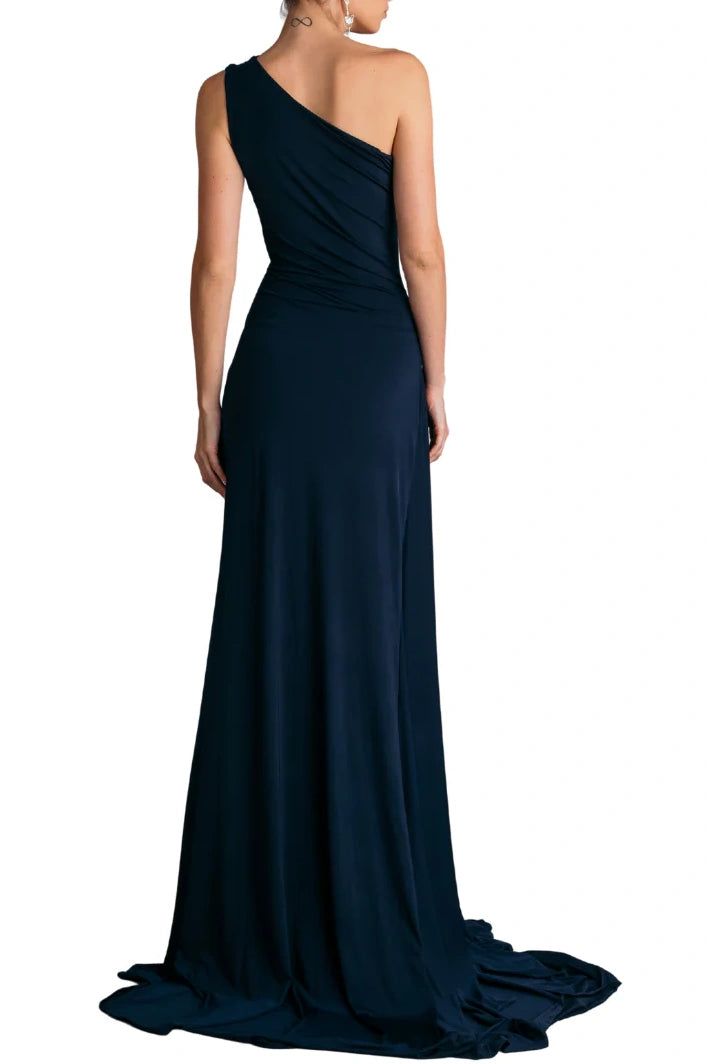 One Shoulder Sleeveless Satin Fitted Long Bridesmaid Dress With Train