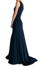 One Shoulder Sleeveless Satin Fitted Long Bridesmaid Dress With Train