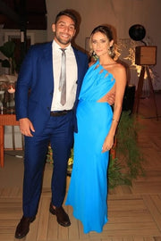 One Shoulder Sleeveless Satin Fitted Open Back Party Prom Dress 