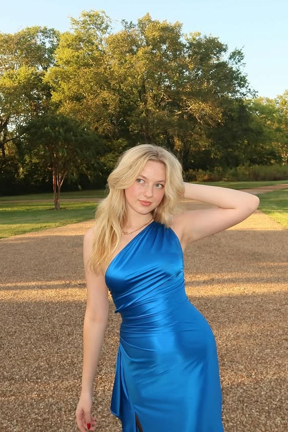 One Shoulder Sleeveless Satin Party Prom Dress With High Slit