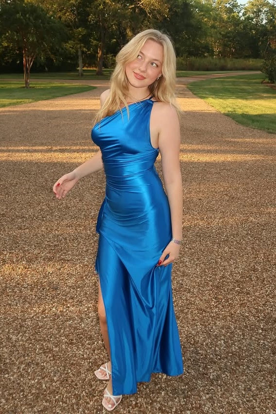 One Shoulder Sleeveless Satin Party Prom Dress With High Slit