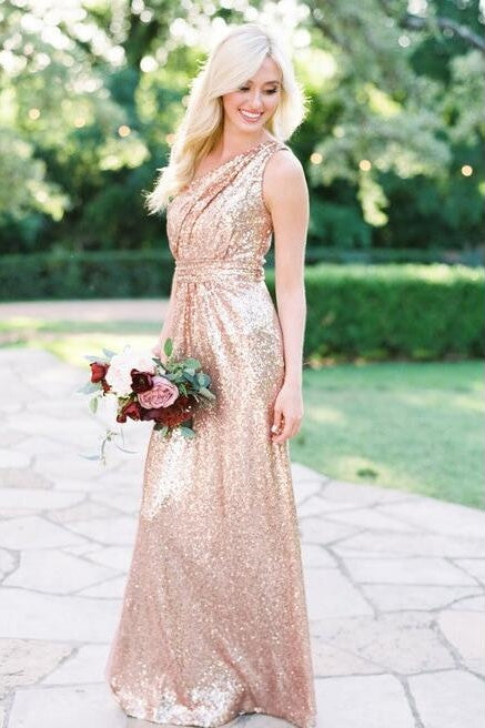 One Shoulder Sleeveless Sequins A-Line Bridesmaid Dress