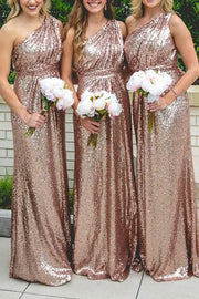 One Shoulder Sleeveless Sequins A-Line Bridesmaid Dress