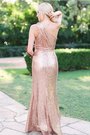 One Shoulder Sleeveless Sequins A-Line Bridesmaid Dress