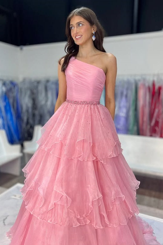 One Shoulder Sleeveless Tulle A-Line Beaded Tiered Party Prom Dress