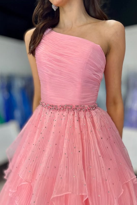 One Shoulder Sleeveless Tulle A-Line Beaded Tiered Party Prom Dress