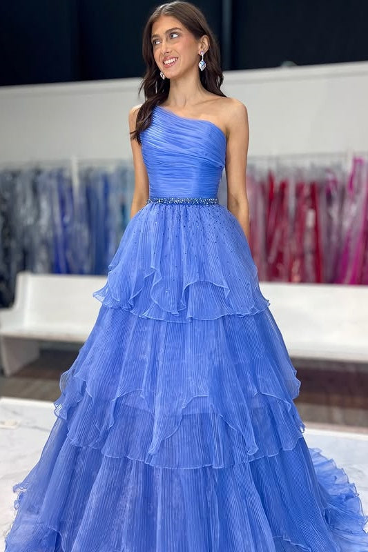 One Shoulder Sleeveless Tulle A-Line Beaded Tiered Party Prom Dress