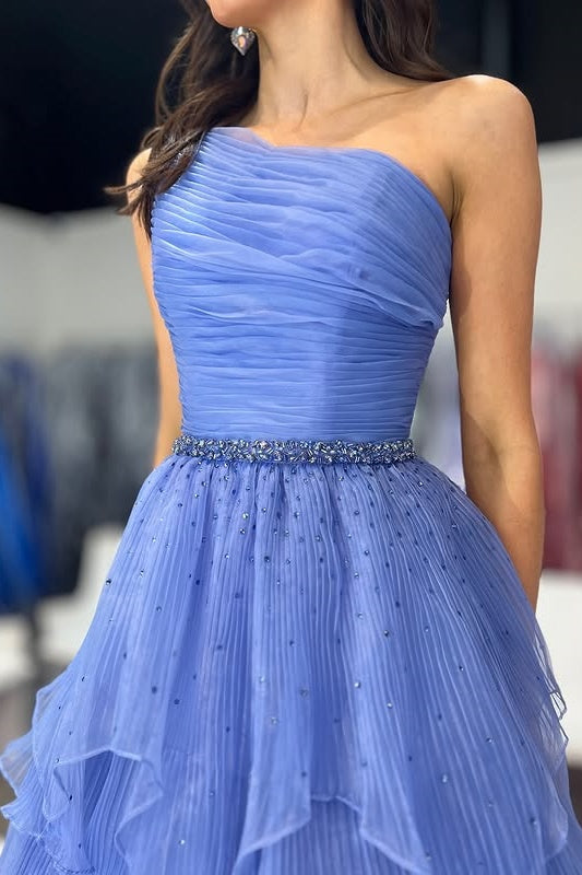 One Shoulder Sleeveless Tulle A-Line Beaded Tiered Party Prom Dress