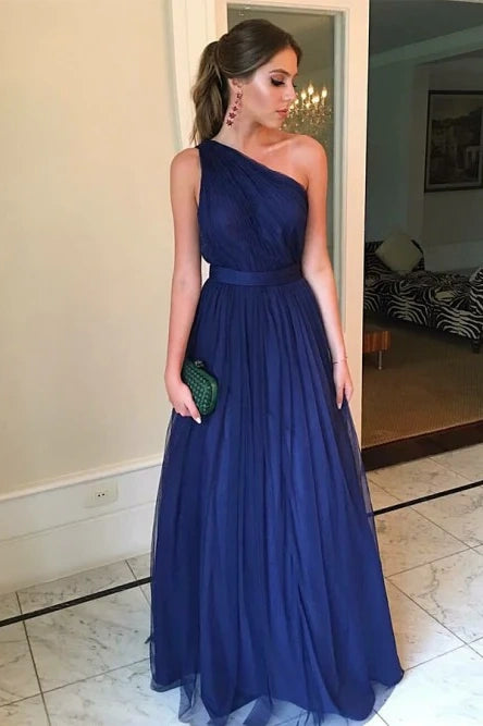 One Shoulder Sleeveless Tulle A-Line Bridesmaid Dress