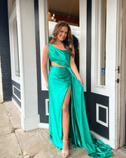 One Shoulder Sleeveless With Train Satin Fitted Prom Dress