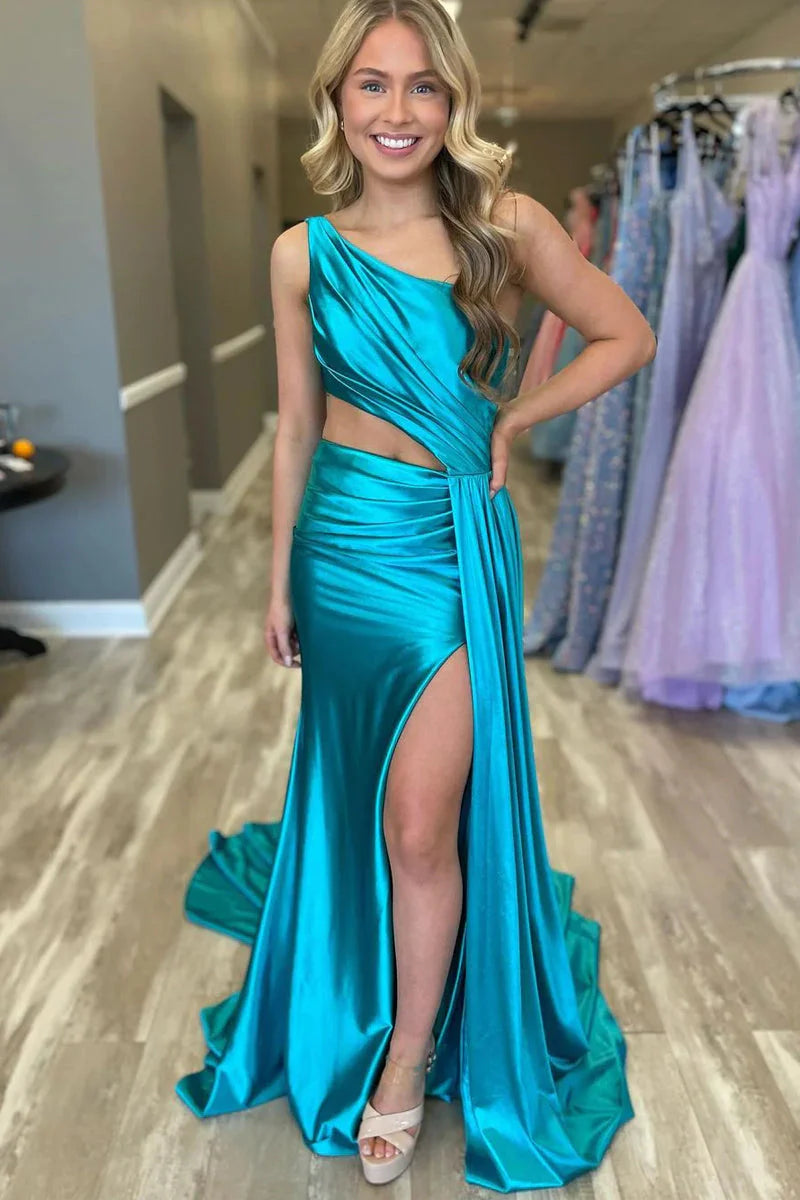 One Shoulder Sleeveless With Train Satin Fitted Prom Dress