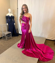 One Shoulder Sleeveless With Train Satin Fitted Prom Dress