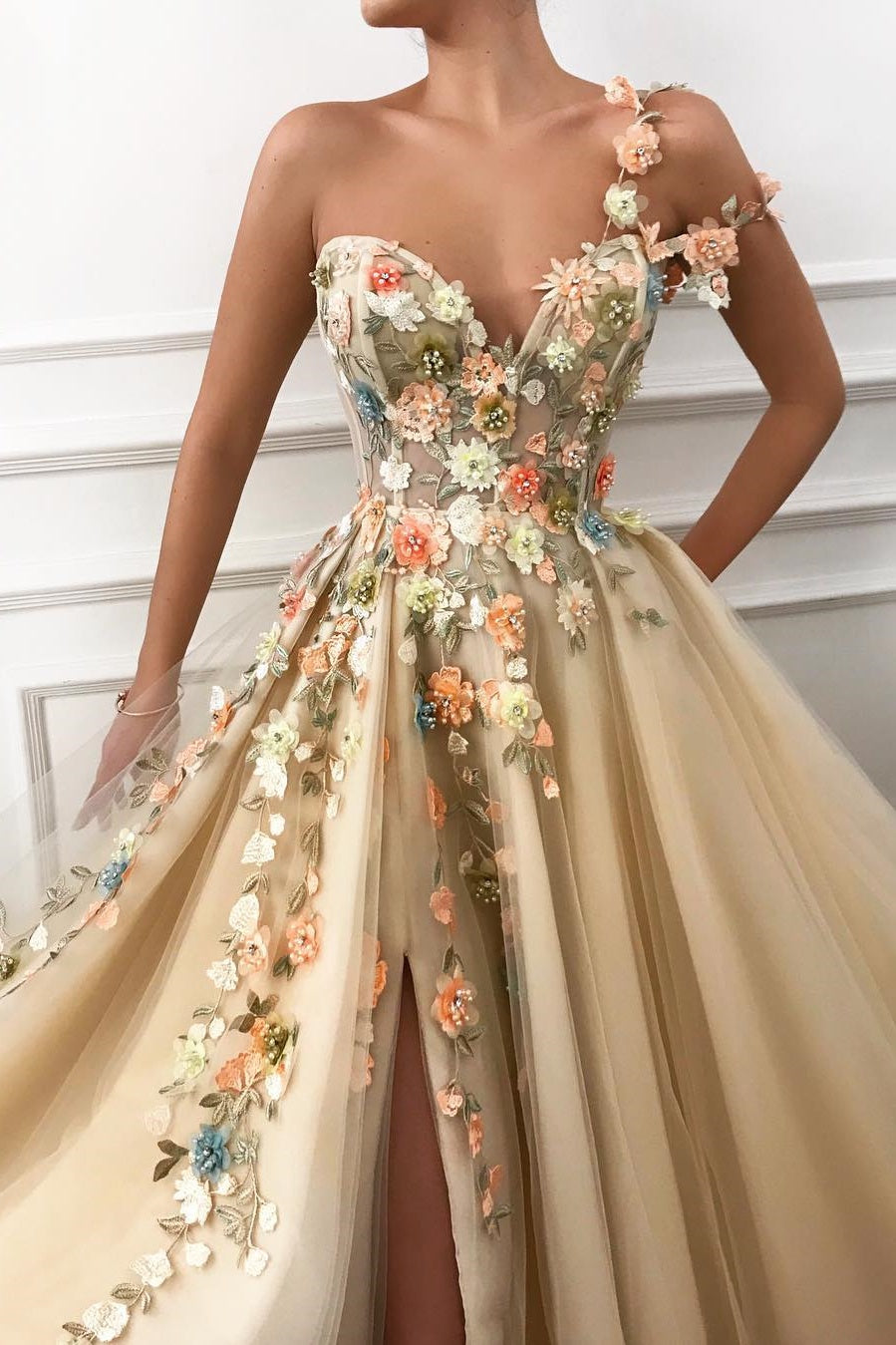 One Shoulder Tulle A-Line Floral Appliques Prom Dress