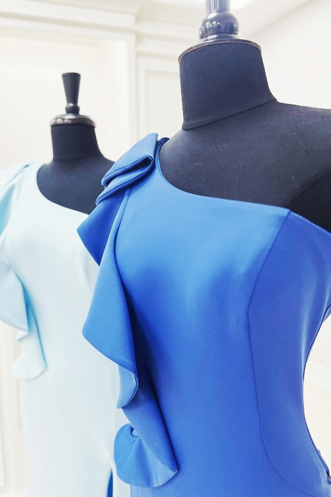 One Shoulder Light Blue Satin Ruffle Mermaid Prom Dress with Slit close up shot