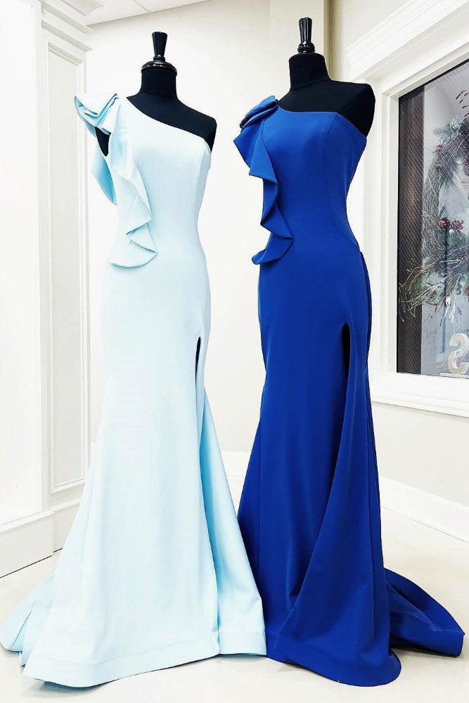 One Shoulder Light Blue Satin Ruffle Mermaid Prom Dress with Slit full shot