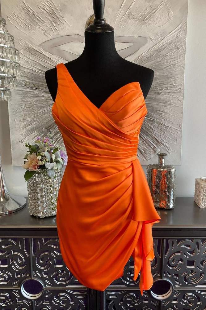 One Shoulder Orange Ruched Tight Short