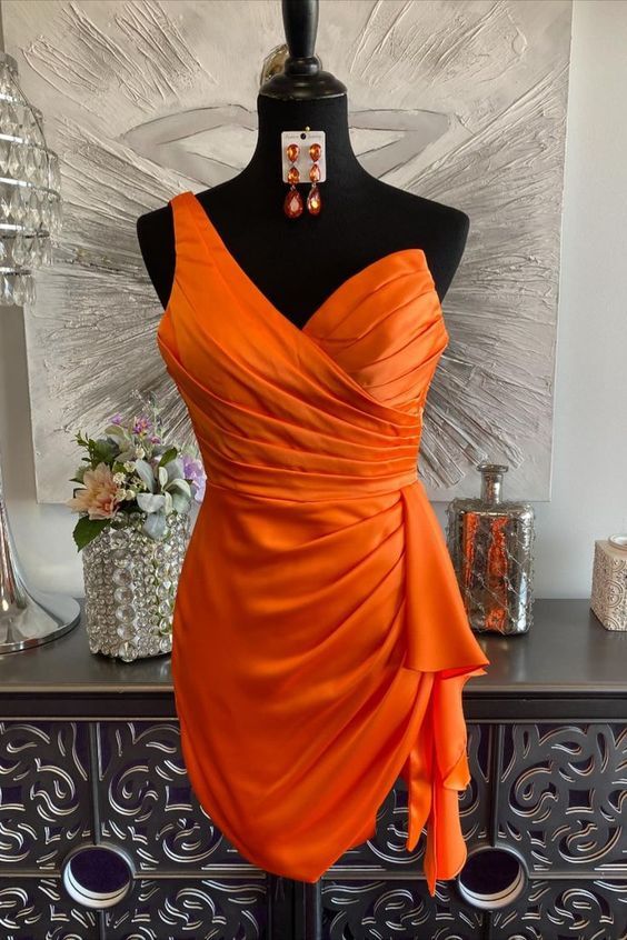 One Shoulder Orange Ruched Tight Short Front View