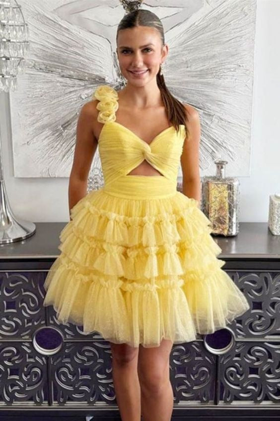 One Shoulder Yellow Ruffles Tiered 