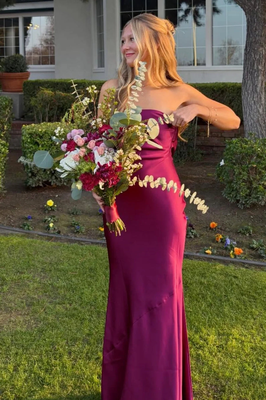 Open Back Strapless Satin Sheath Casual Party Prom Dress
