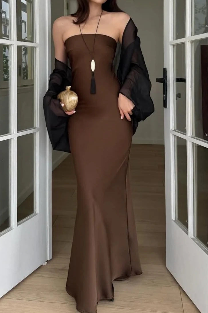 Open Back Strapless Satin Sheath Casual Party Prom Dress