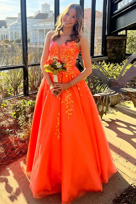 Orange Bateau Lace Up Lace Appliques A-Line Party Prom Dress