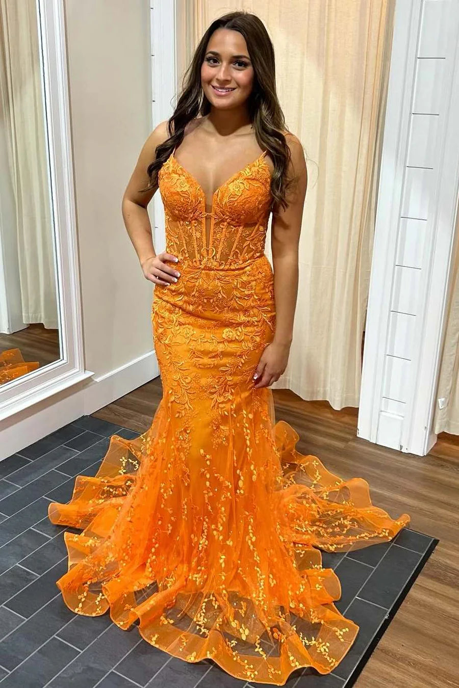 Orange Lace Mermaid V-Neck Sleeveless Long Prom Dress