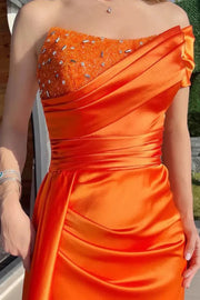 Orange One Shoulder Sleeveless Mermaid Party Prom Dress With Train